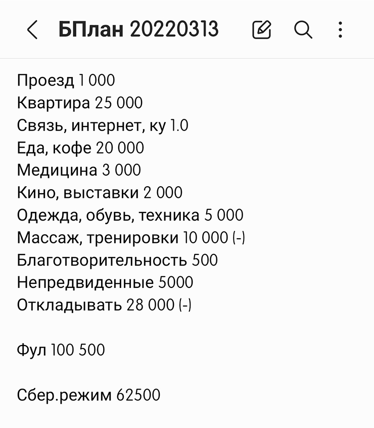 К примеру, такой план я накидала, когда решила уволиться и первое время отдохнуть без работы. В нем есть вариант «на широкую ногу» и «бюджетненько»