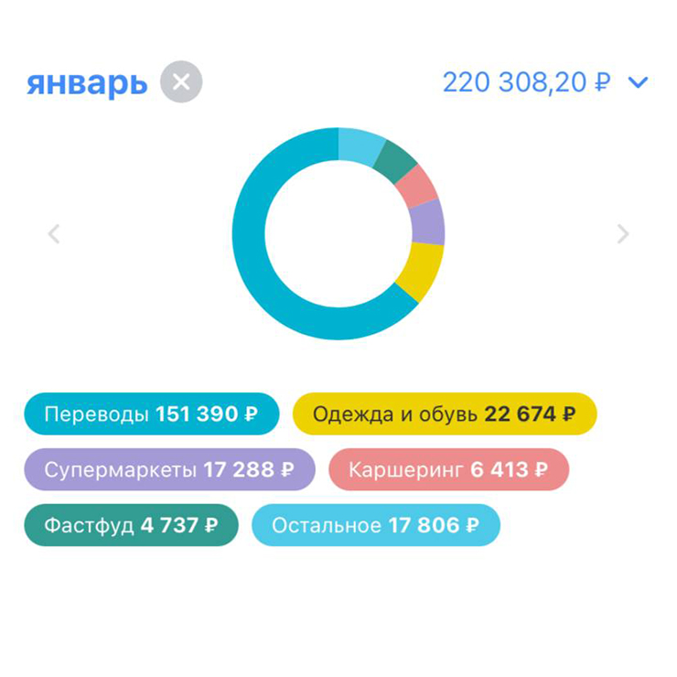 Траты за январь и февраль. В графе «Переводы» прячутся кредиты, ипотека, аренда квартиры, деньги, переведенные на накопительные счета