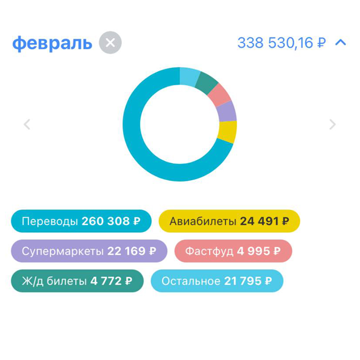 Траты за январь и февраль. В графе «Переводы» прячутся кредиты, ипотека, аренда квартиры, деньги, переведенные на накопительные счета