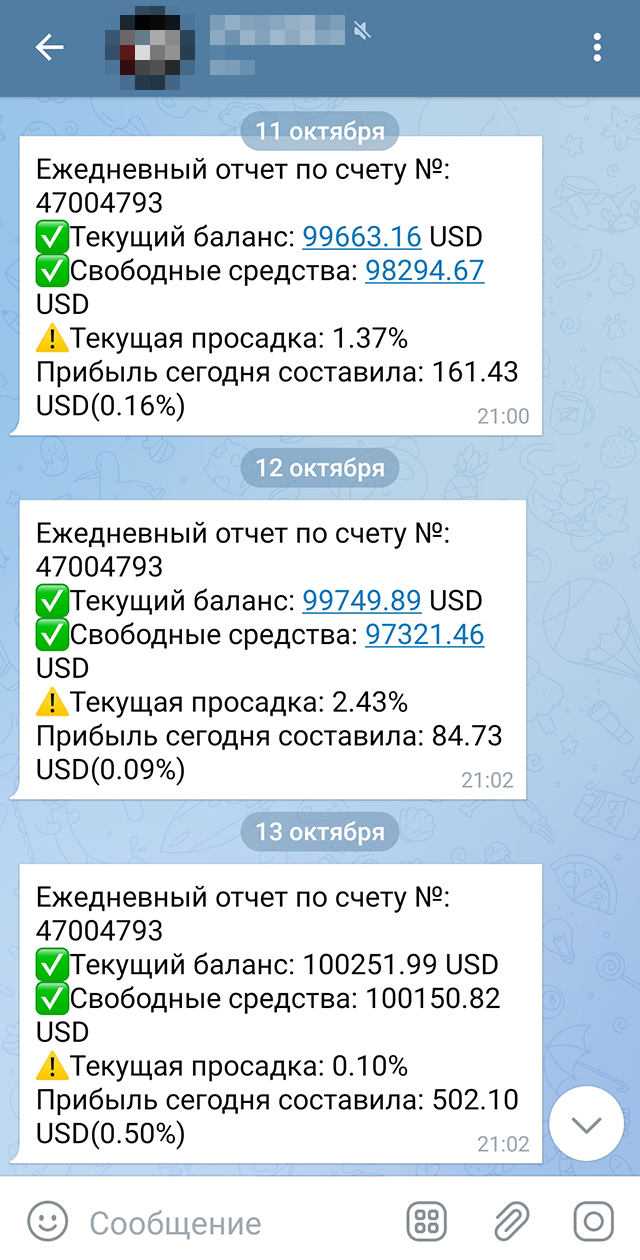 Ежедневные выписки по счету. Указанные на скрине баланс и прибыль нужно делить на 100: на самом деле баланс не 100 251,99 $, а 1002,5199 $. Реальная прибыль, соответственно, не 502,10, а 5,021 $. Торговля идет мелкими шагами, поэтому в боте такие обозначения