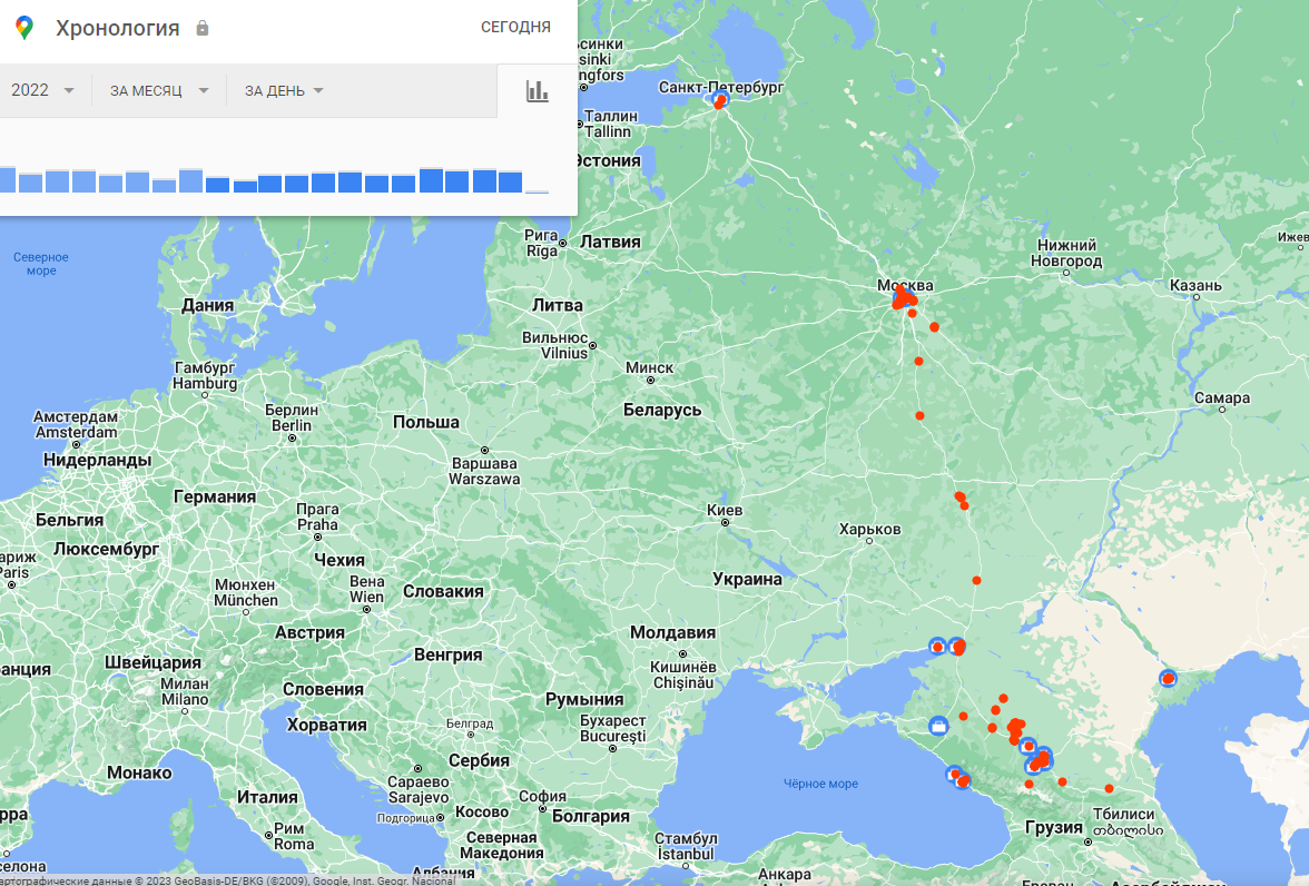 Хронология из «Гугла» показывает все места, где я был в 2022 году