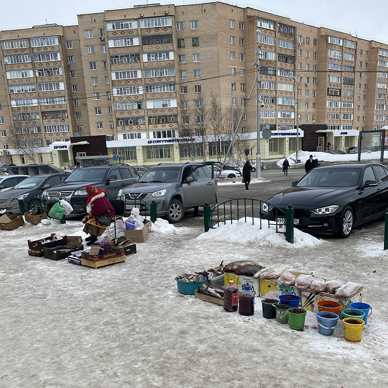 Уличная торговля. Продают ягоды, мясо, рыбу, шишки