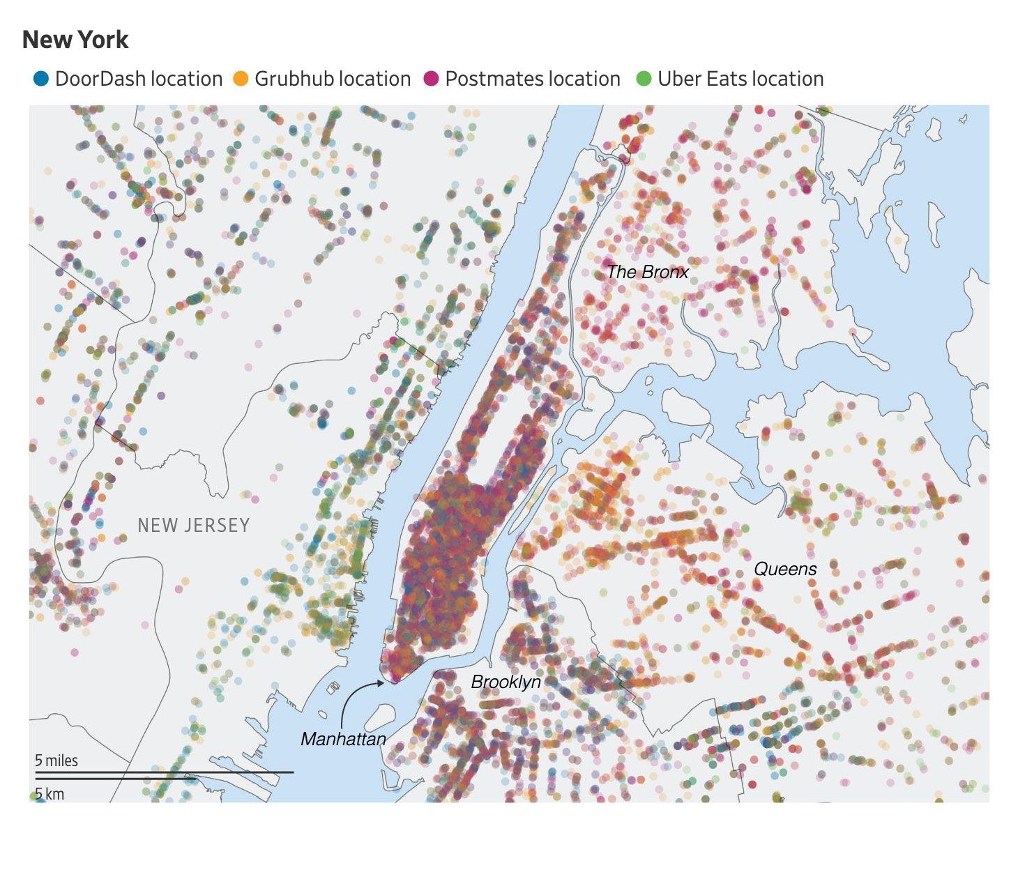 Точки разных сервисов доставки в крупных городах США. Источник: Wall Street Journal