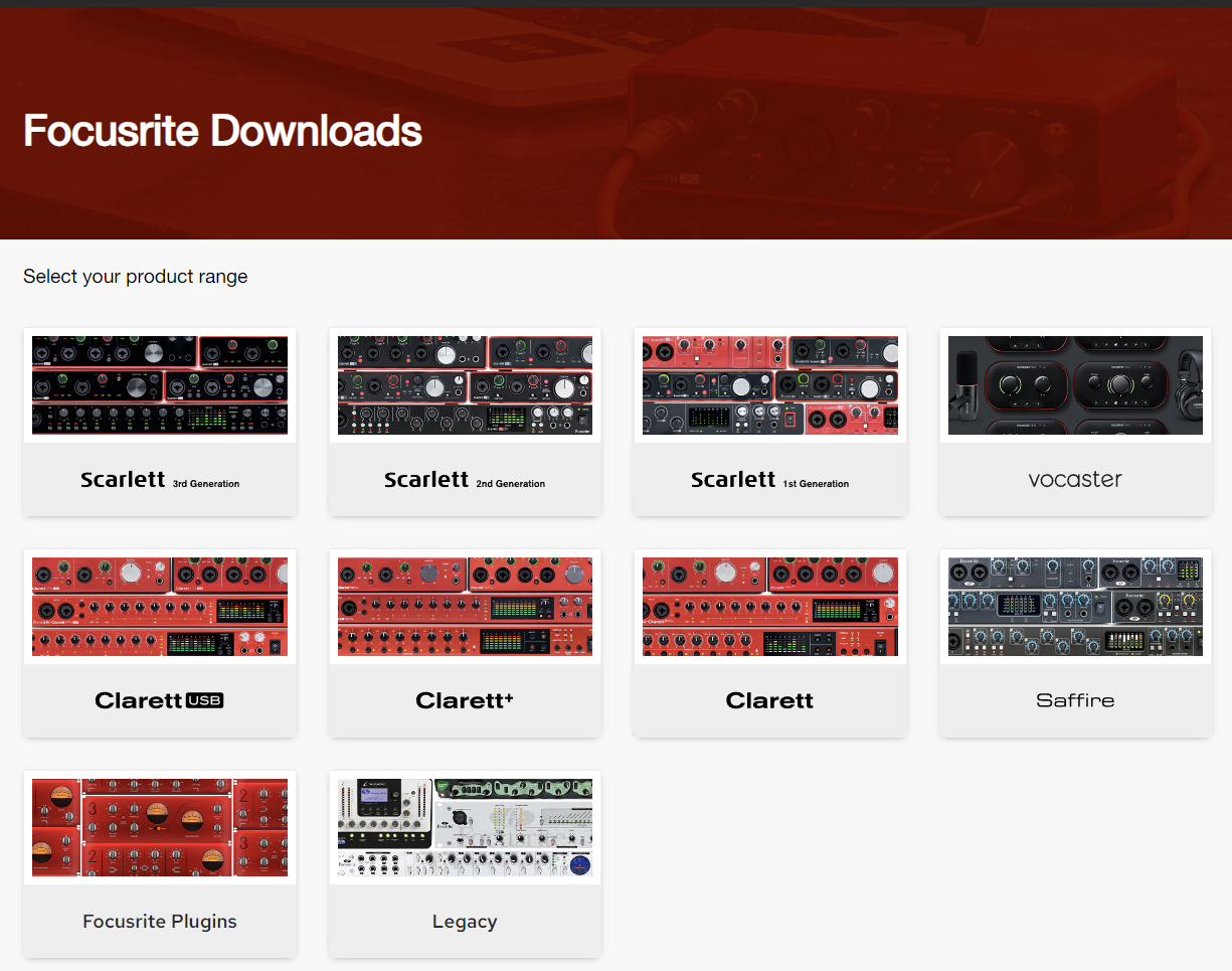 Раздел с драйверами на сайте будет называться Drivers, Downloads или Support. Источник: focusrite.com