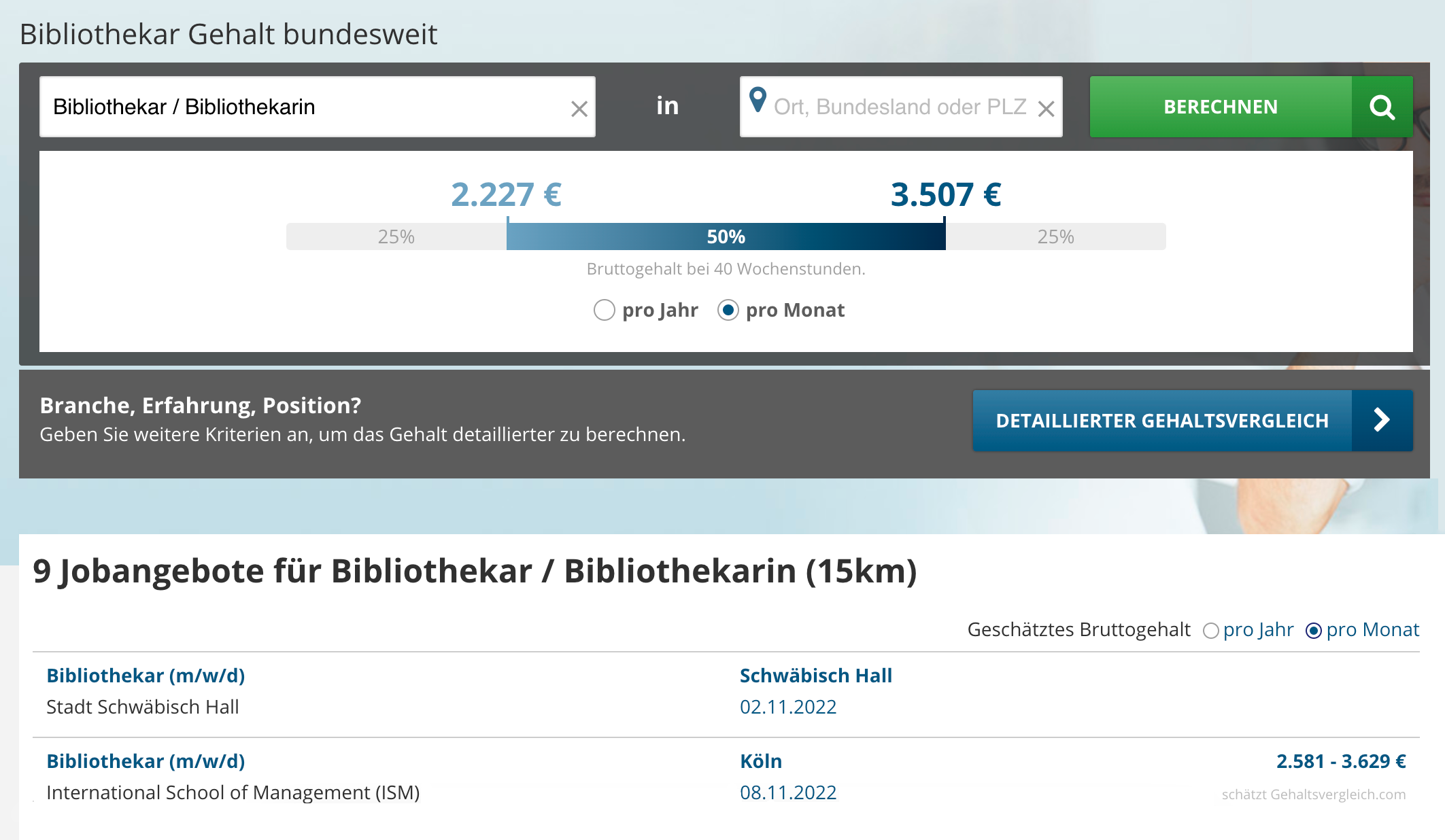 Библиотекарь с опытом работы может получать в Германии 2227⁠—⁠3507 € в месяц до вычета налогов. Источник: gehaltsvergleich.com