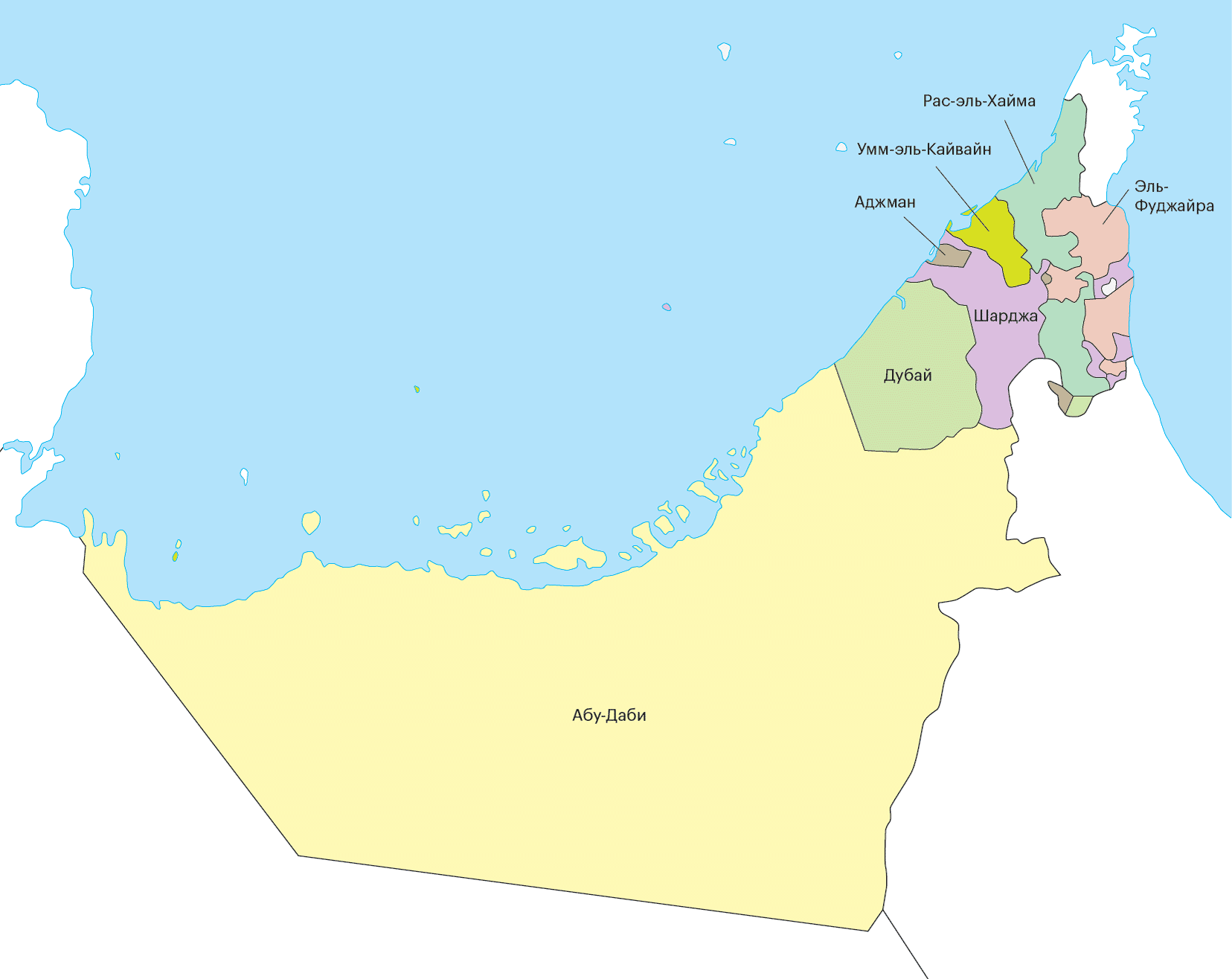 Карта ОАЭ. Самый большой эмират — Абу-Даби, тут же расположена столица