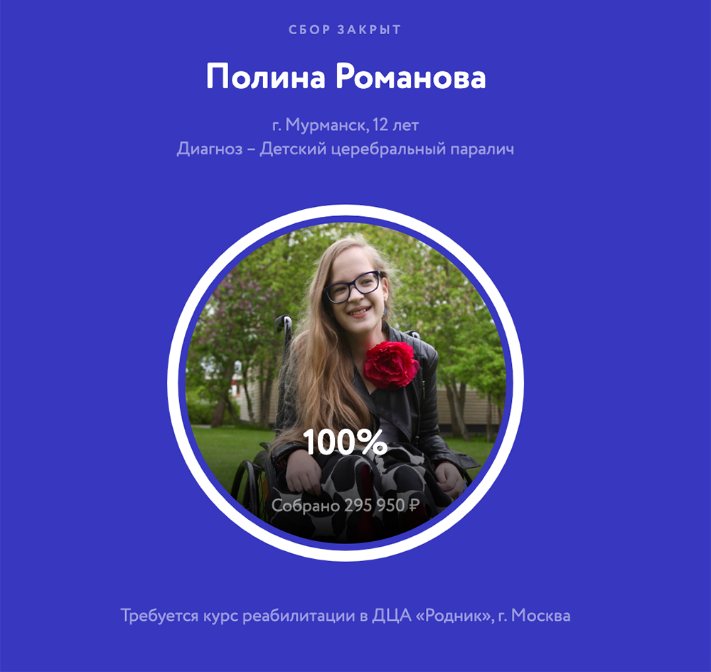 По окончании акции на сайте появилось сообщение о том, что сбор пожертвований для Полины завершен. Отчет о сборах и переводах появился на той же странице в разделе с остальными документами