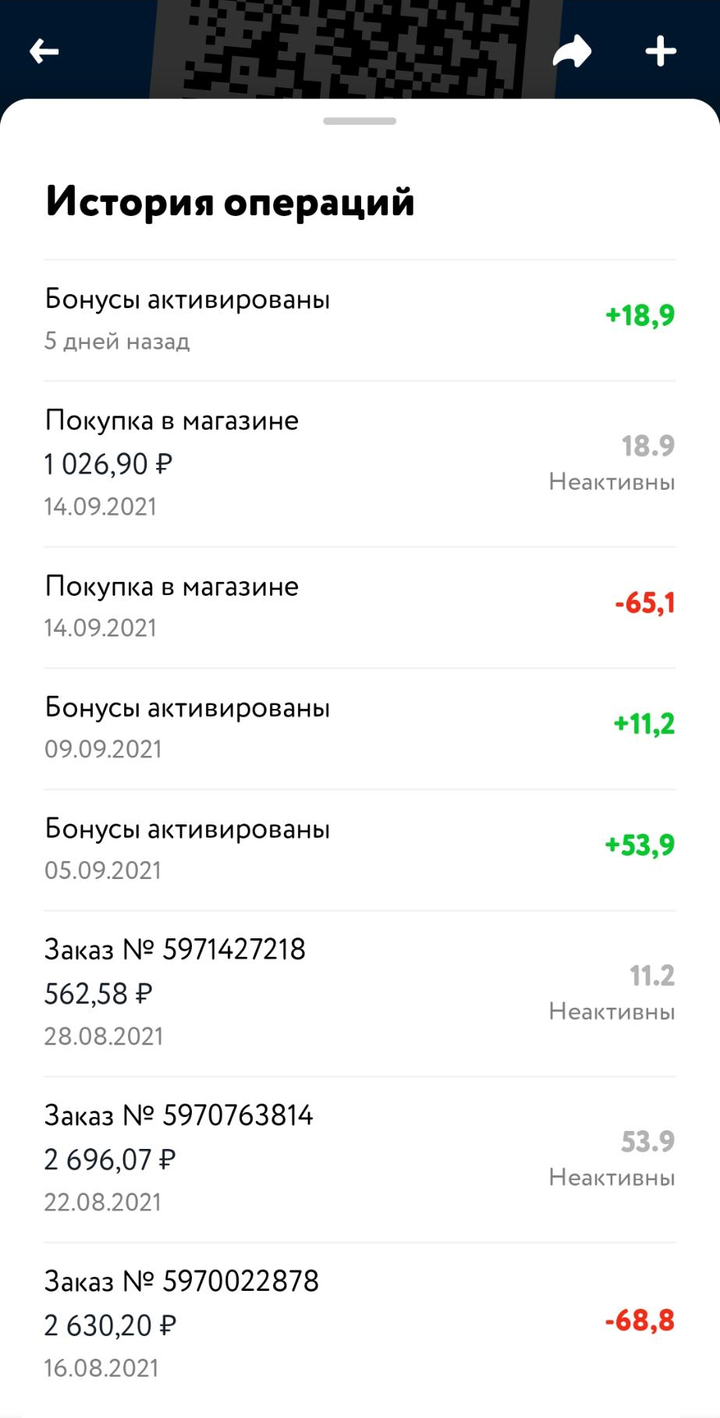 В приложении сразу видно, сколько баллов начислили за покупку и когда мы их списывали. Это скриншоты из приложений «Перекрестка», «Детского мира» и «Озона»