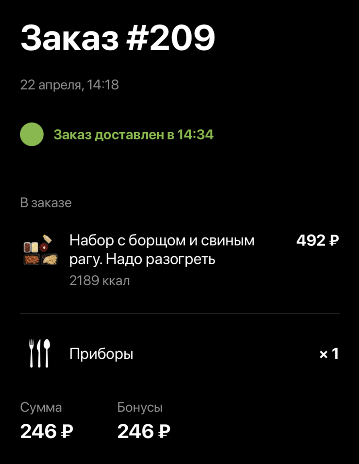 За регистрацию в приложении «Кухни на районе» мы получили 300 баллов. Ими можно оплатить до 50% заказа, так что 246 мы списали в первом заказе, а еще 54 — в следующий раз