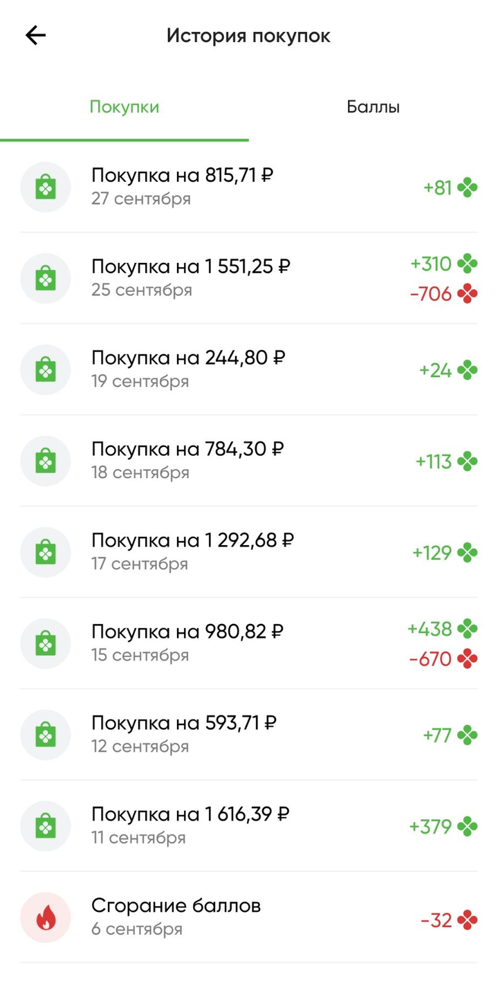 В приложении сразу видно, сколько баллов начислили за покупку и когда мы их списывали. Это скриншоты из приложений «Перекрестка», «Детского мира» и «Озона»