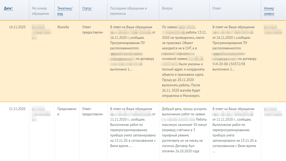 Переписка в личном кабинете о перепрограммировании счетчика на трехтарифный в ноябре 2020 года