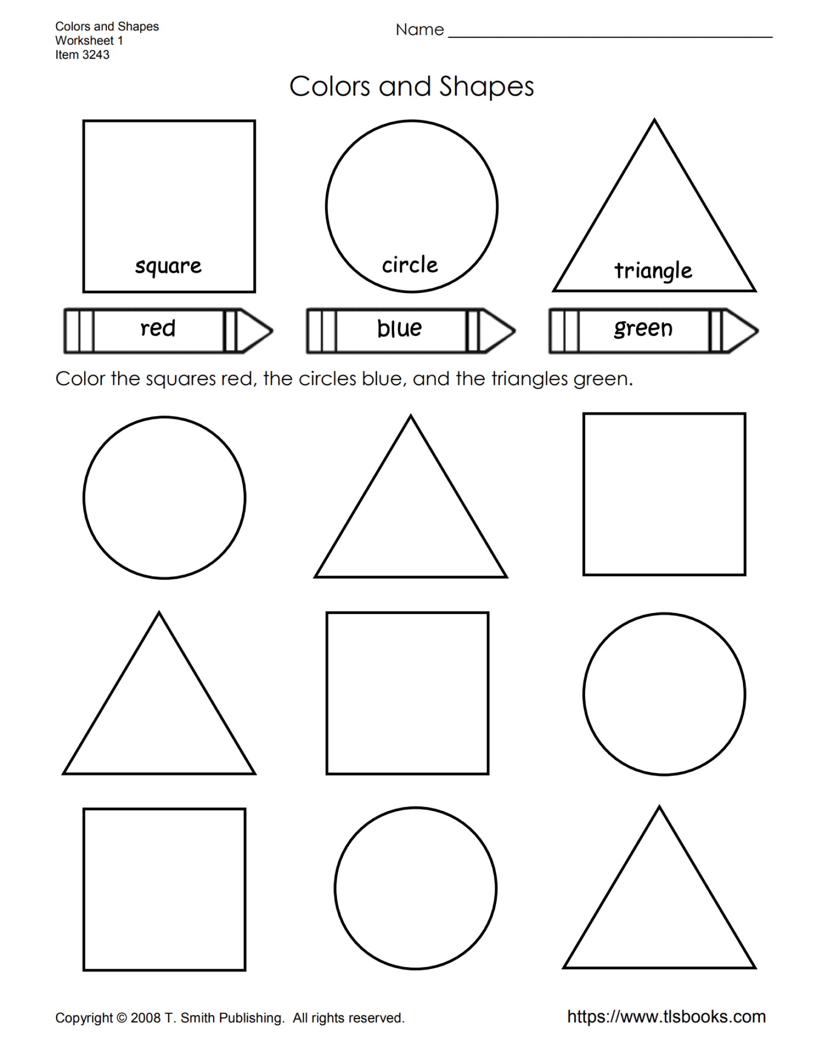 Сразу предлагайте ребенку задания по⁠-⁠английски, например: «Color all the squares red, all the circles blue and all the triangles green». Если ему непонятно, не переводите, а показывайте действиями, допустим, раскрасьте карандаш под каждой формой нужным цветом. Источник: tlsbooks.com