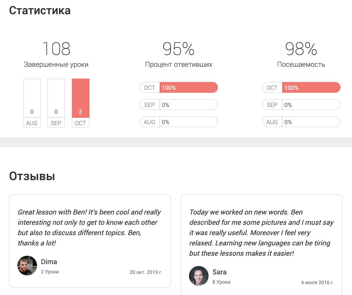 У каждого преподавателя есть статистика уроков и отзывы учеников. Я занимаюсь с теми, у кого не менее ста завершенных уроков на Italki. Это значит, что у них есть опыт и отзывы, по которым можно судить о качестве занятий