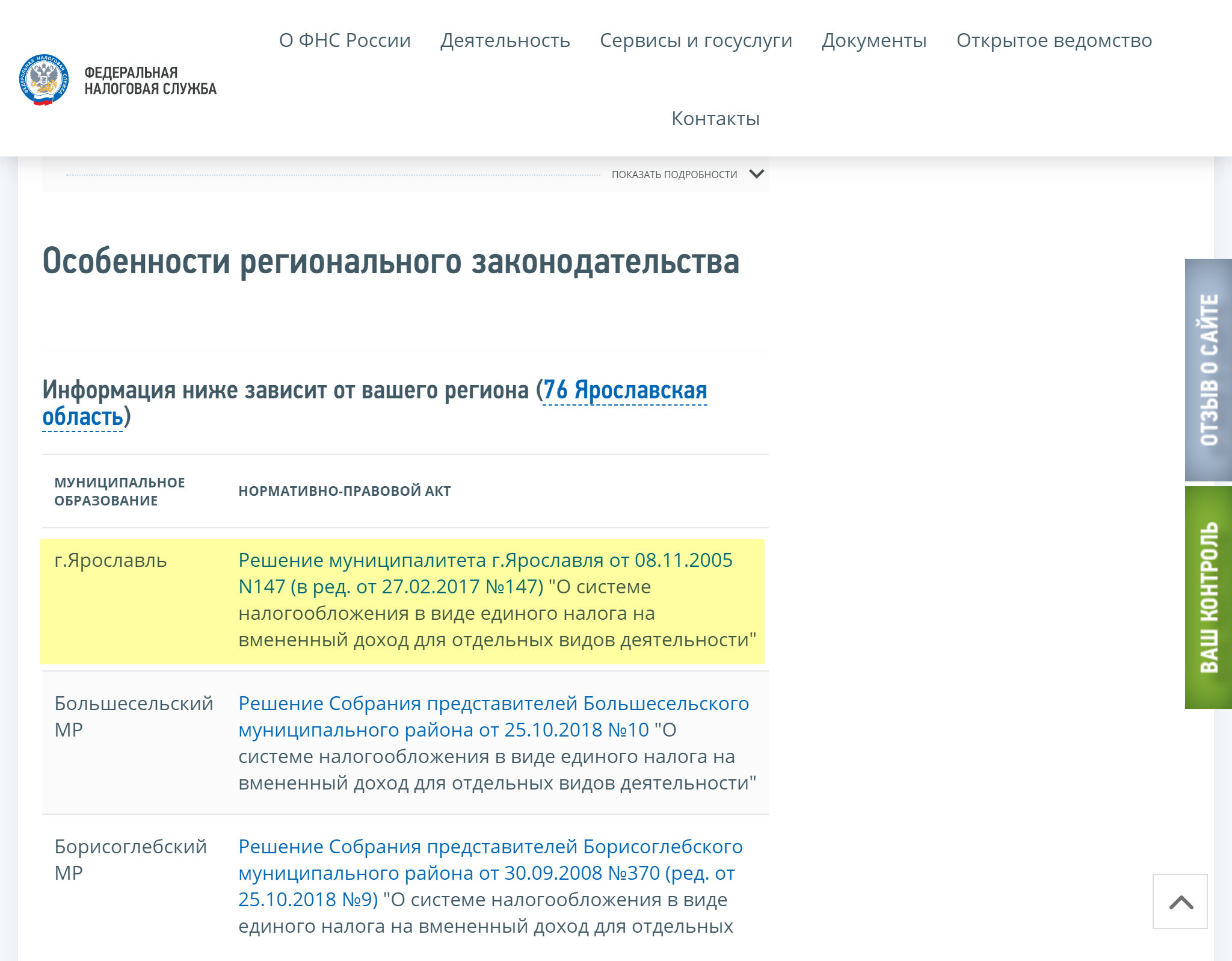 Спускаемся до раздела «Особенности регионального законодательства» и находим Ярославль. Требования по ЕНВД могут различаться не только для отдельных регионов, но даже для муниципальных районов