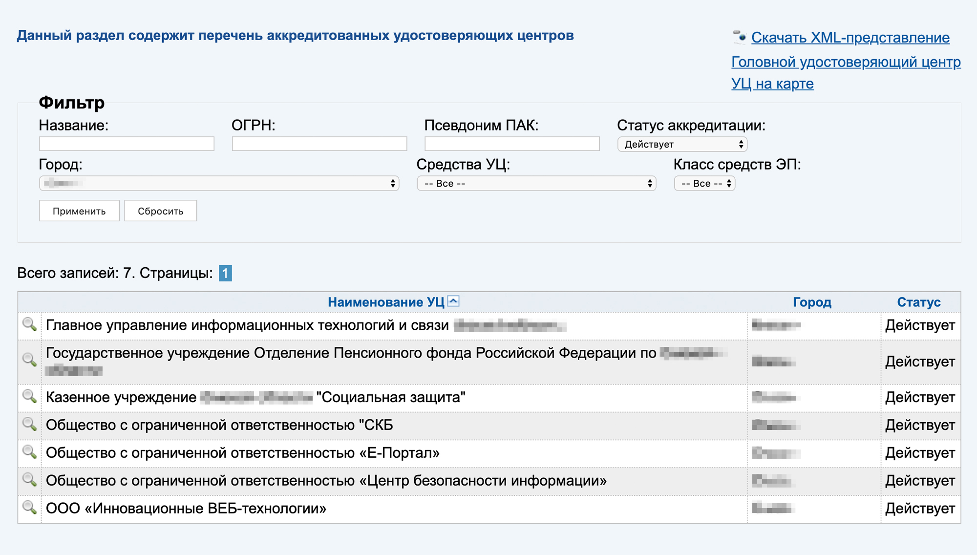 В моем городе действуют семь аккредитованных УЦ. Если два раза щелкнуть по названию, попадете на карточку этого центра, а оттуда — на их сайт