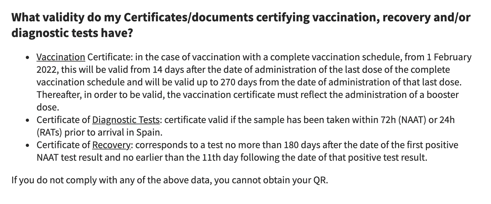 Информация о сроках действия сертификатов вакцинации в Испании. Источник: spth.gob.es