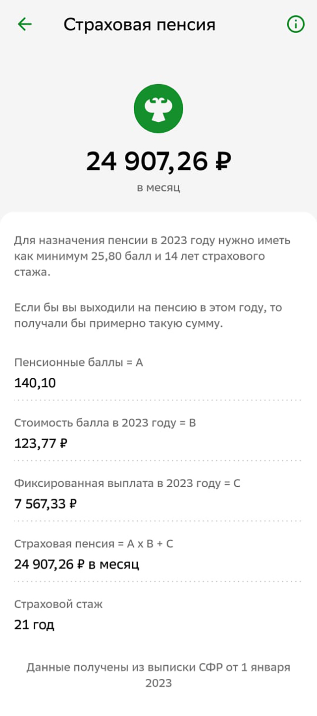 Примерно так могут выглядеть данные о страховом стаже и пенсионных баллах