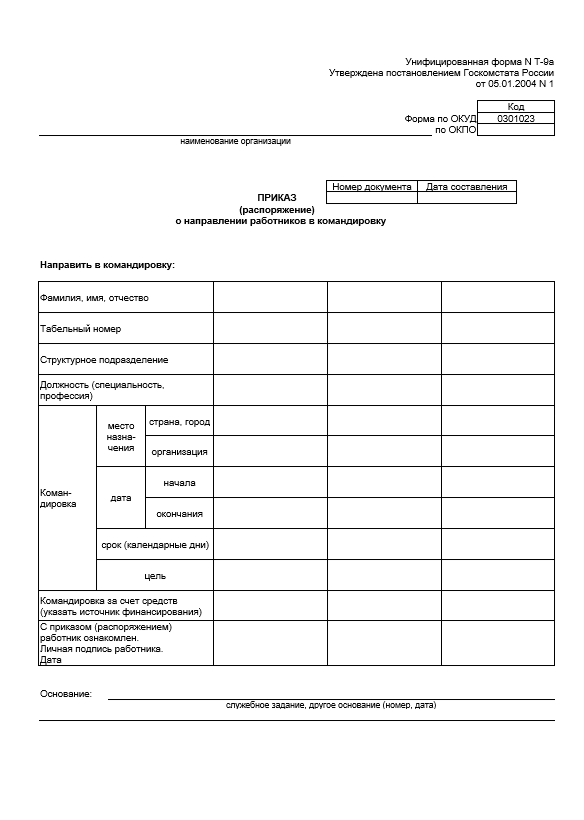 Работодатель оформляет такой приказ на каждую командировку. В документе указывается место командировки и срок поездки. Работника знакомят с приказом под подпись