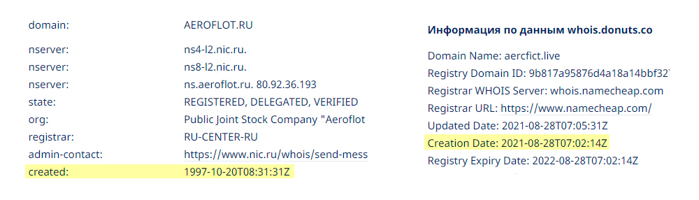 Поддельные сайты долго не живут. Сайт aercfict.live проработал всего три дня, сайт aeroflot.com — 24 года