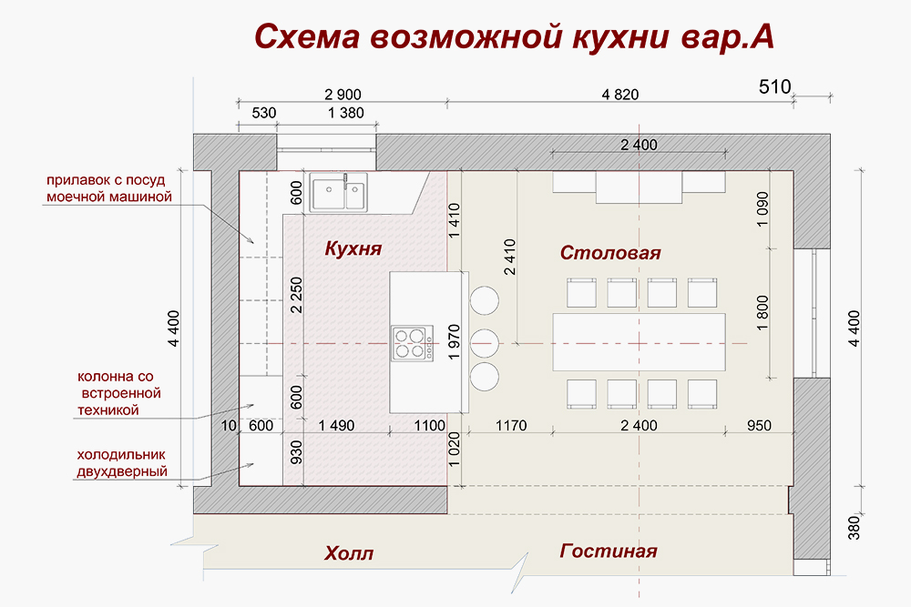 Это первый вариант планировки кухни