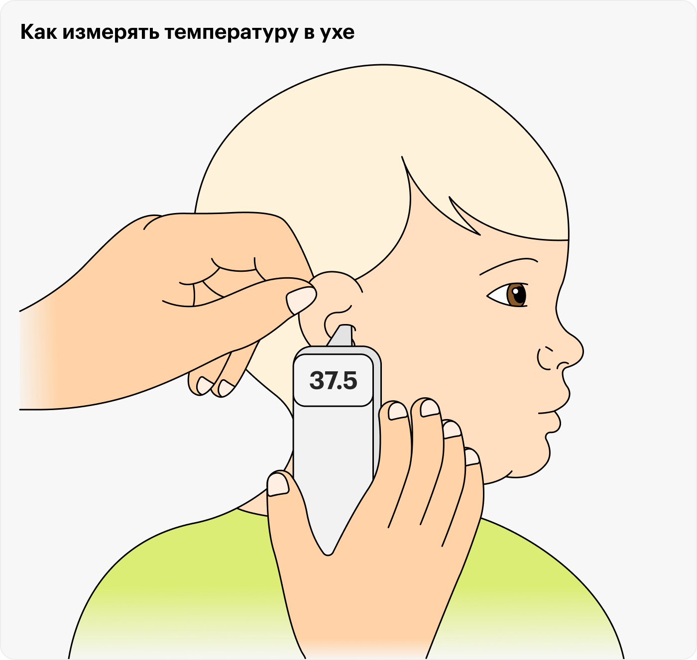 Не применяйте силу и не давите сильно. Наконечник термометра не должен касаться барабанной перепонки