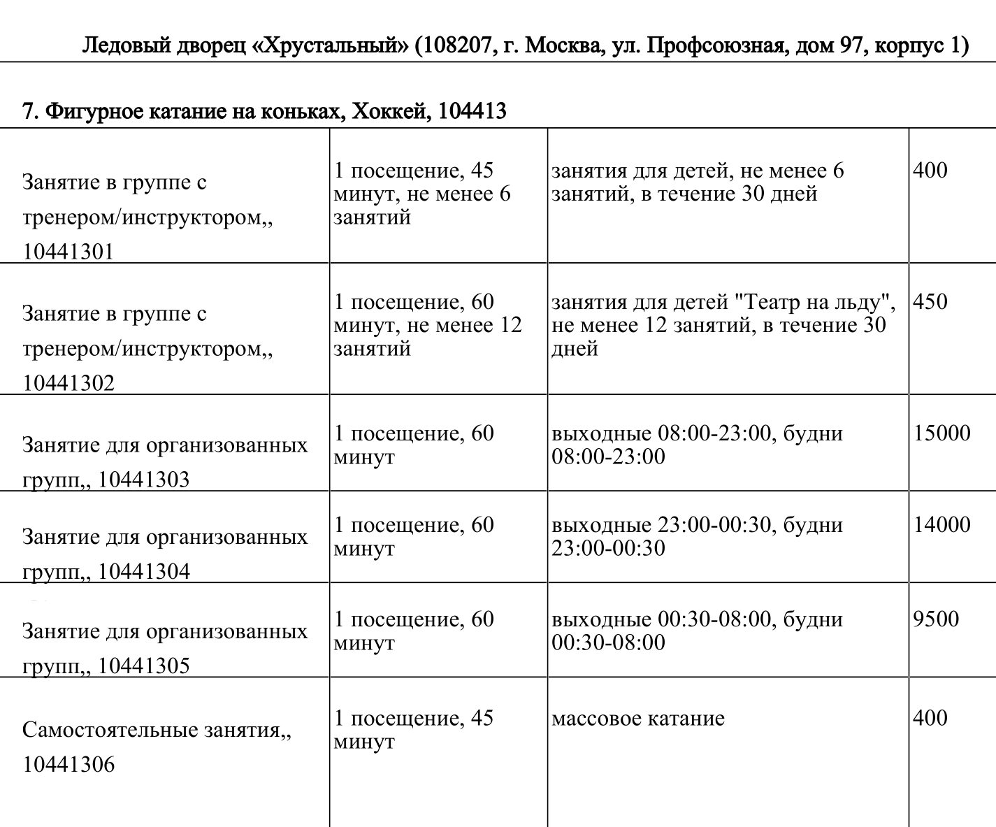 Цены на занятия на катке «Хрустальный», где раньше тренировалась я. Источник: mmpa.mossport.ru