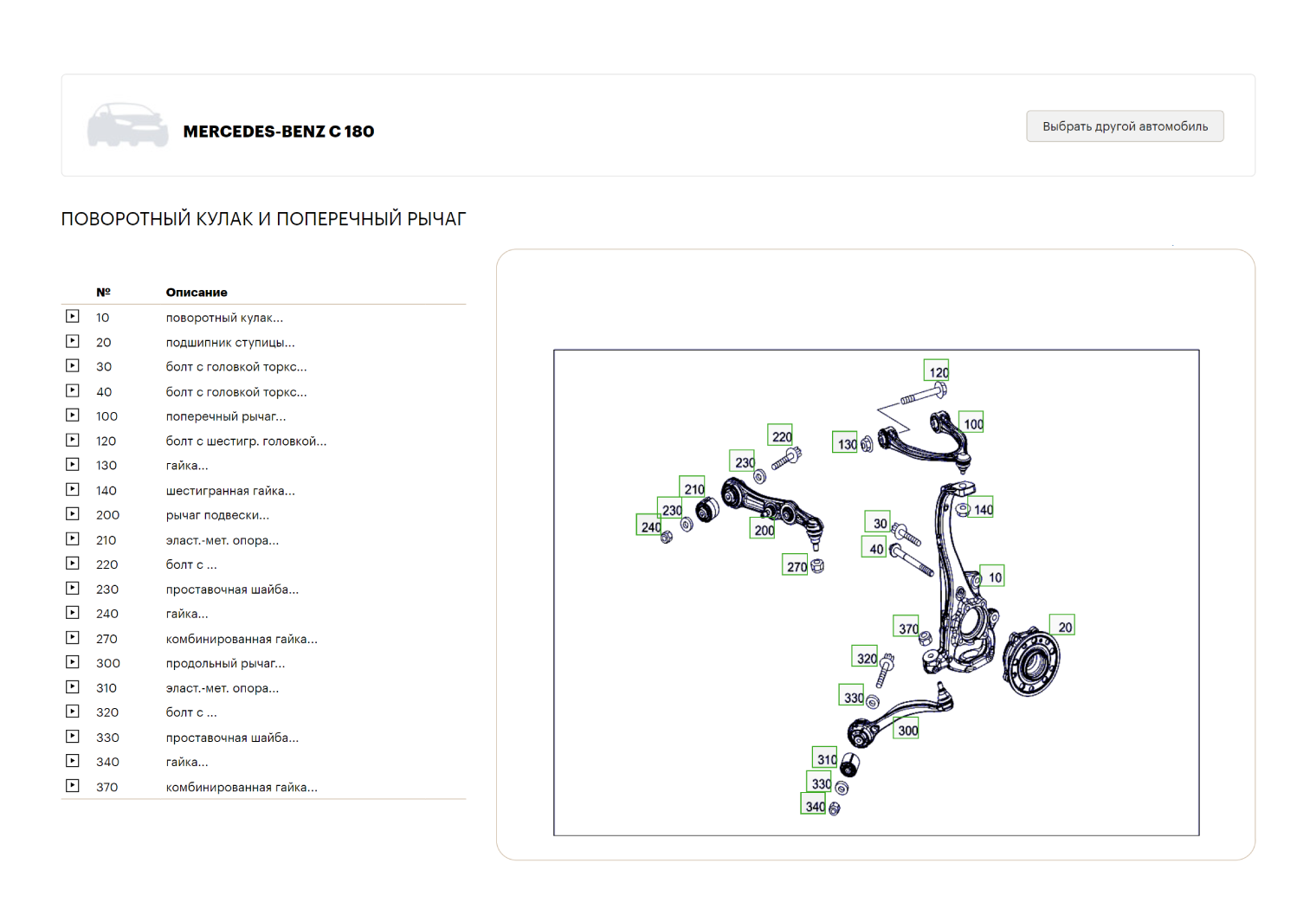 Рычаги передней подвески заднеприводного Mercedes C-Klasse в кузове W205. Их три: детали № 100, 200 и 300. Они недешевые, и хватает их в среднем на 50 000 км — если рычаги оригинальные. Китайских может хватить тысяч на пять