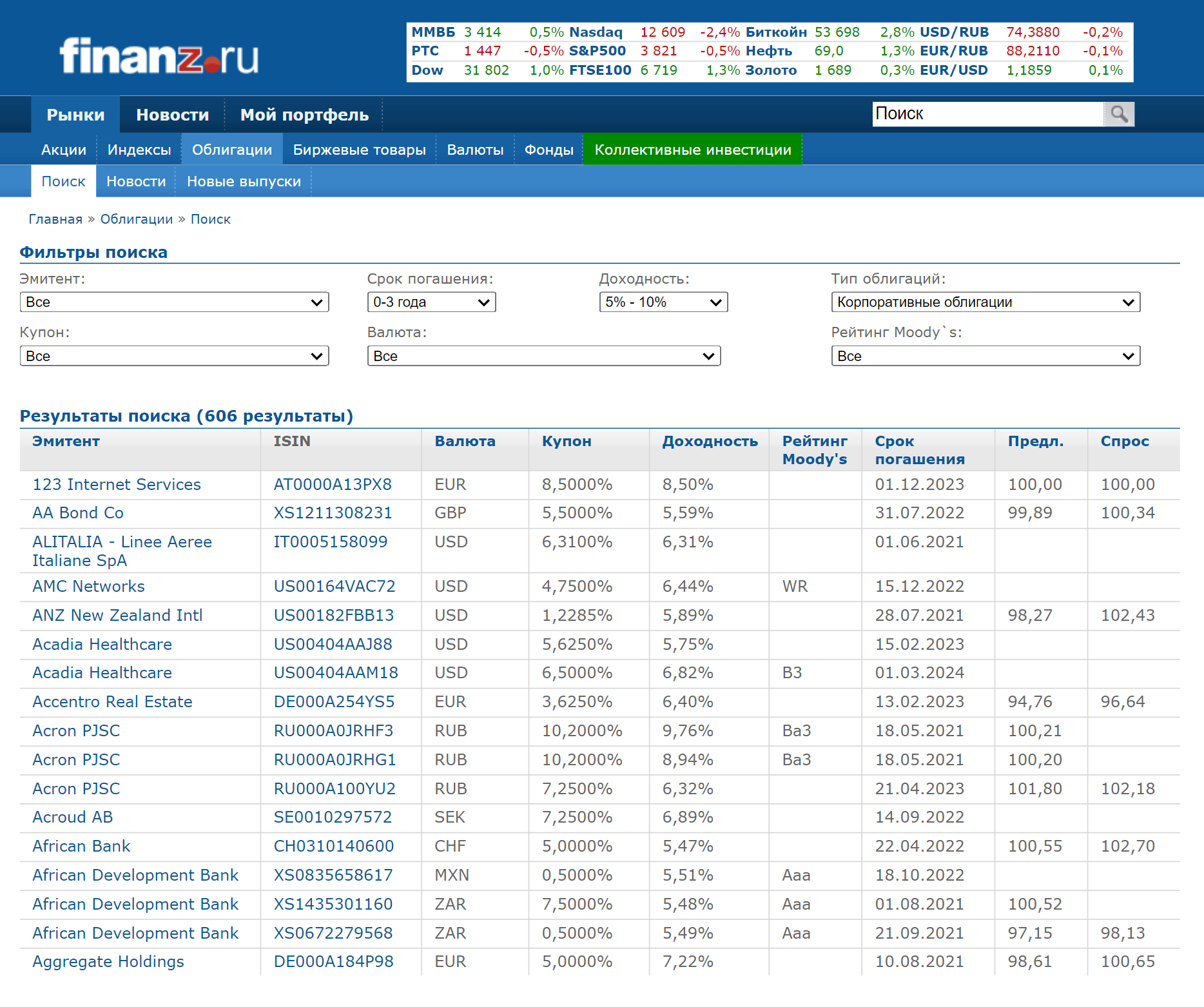Окно поиска корпоративных облигаций на Finanz.ru