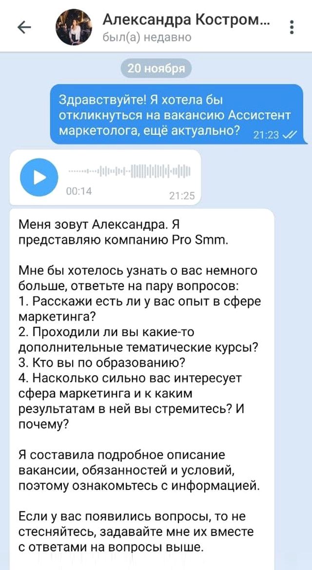 Менеджер Александра задавала мне стандартные вопросы и делилась информацией о компании — ничего подозрительного в ее сообщениях я не увидела