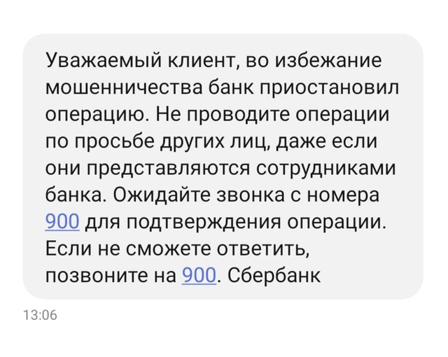 В момент перевода денег, в 13:06, мне пришло еще одно предупреждение — сообщение от банка