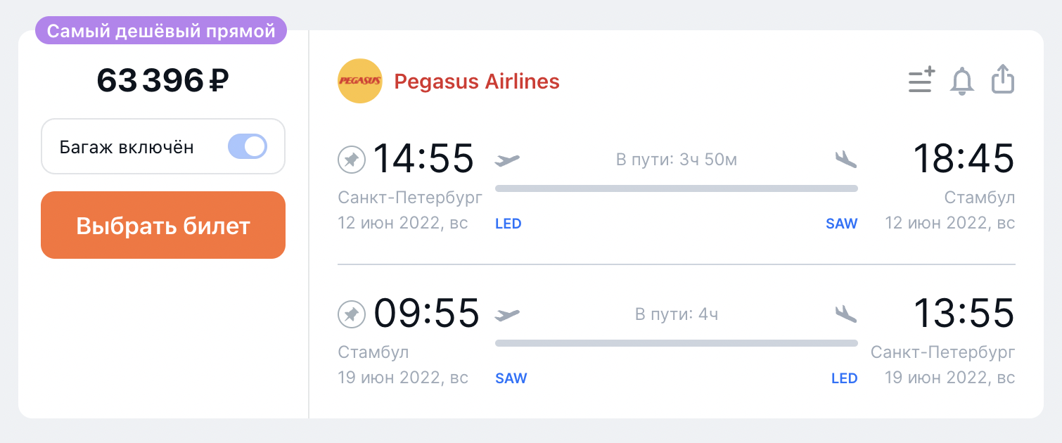 А Pegasus Airlines предлагает слетать из Санкт-Петербурга в Стамбул с 12 по 19 июня за 63 396 ₽. Источник: aviasales.ru