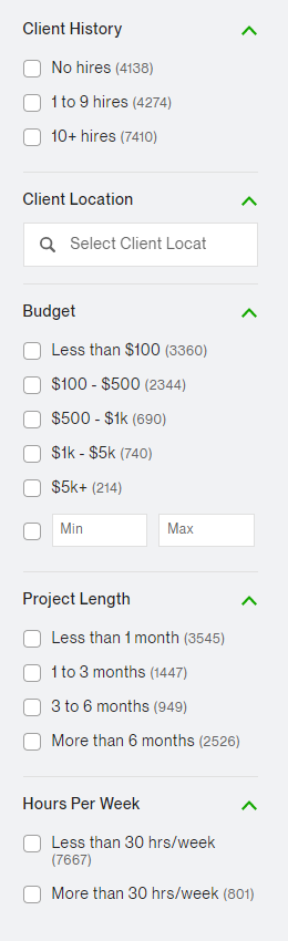 Фильтров в поиске на Upwork очень много. Например, можно выбрать длительность проекта или указать, сколько часов на него потратит исполнитель