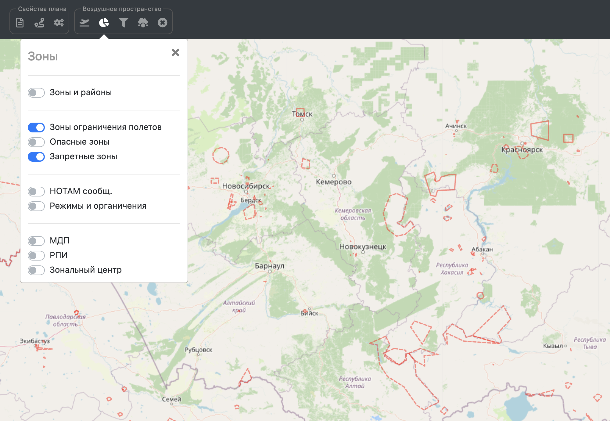 Так зоны, запрещенные для полетов, обозначены на карте