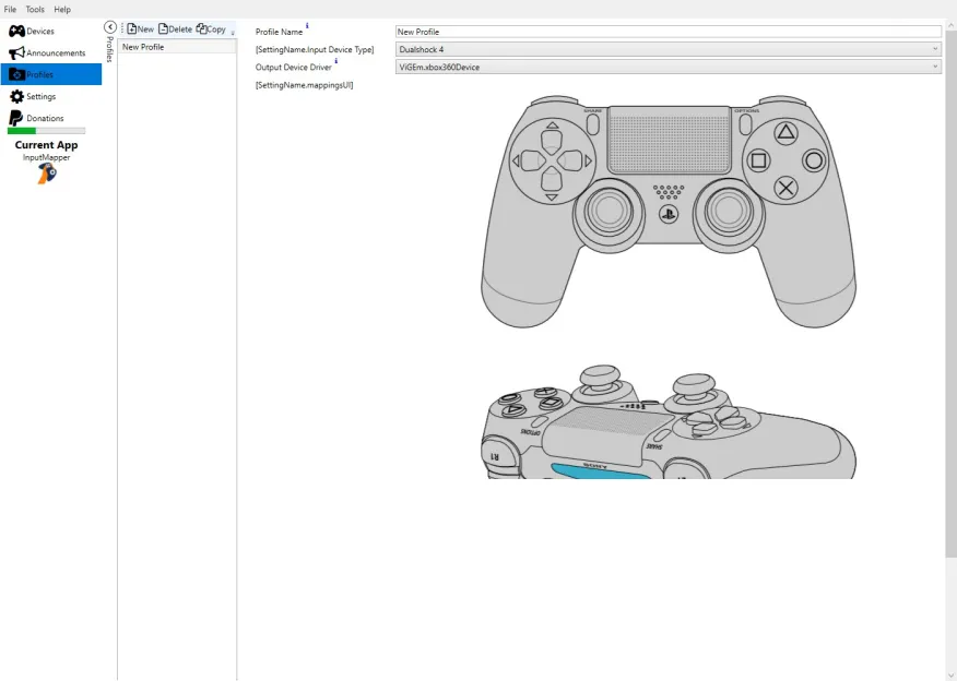 В InputMapper собрано несколько профилей для геймпадов — например, если вы хотите, чтобы игра считывала контроллер как Dualshock 4. Источник: beta.inputmapper.com