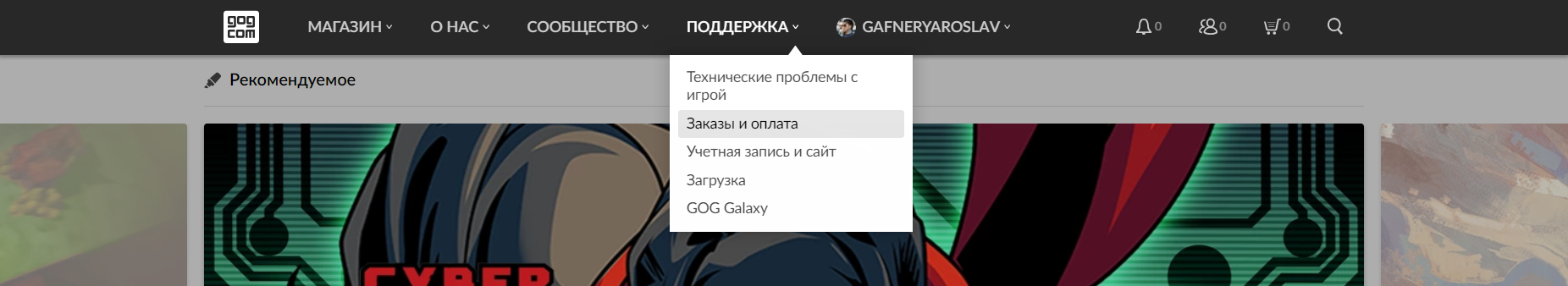 Выберите подпункт «Заказы и оплата» в пункте меню «Поддержка»