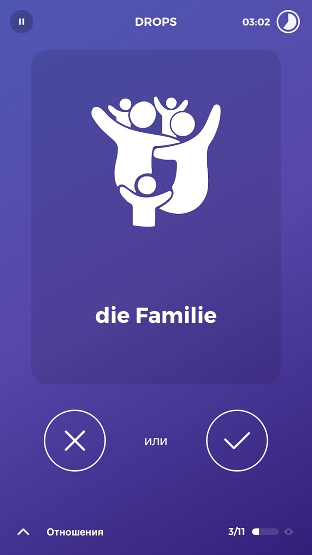 К каждому слову приложение Drops предлагает картинку. В этой игре нужно вспомнить, верна картинка или нет