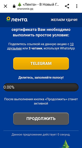 На сайте есть таймер обратного отсчета: якобы делиться ссылкой на акцию можно только 300 секунд. Но после того как время вышло, ничего не поменялось