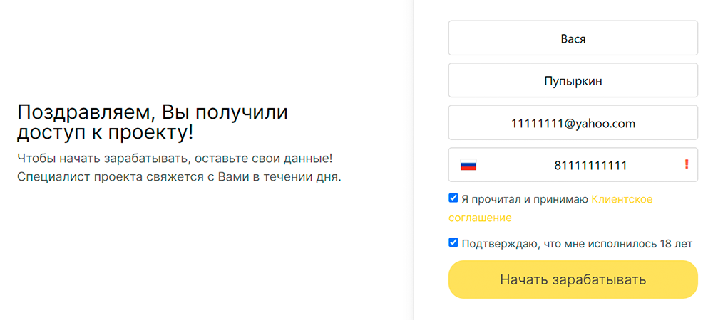 В конце представления меня попросили оставить контактные данные. Выдуманное имя и почта мошенников не смутили, а вот телефон им не понравился. Еще бы, ради номера телефона все и затевалось