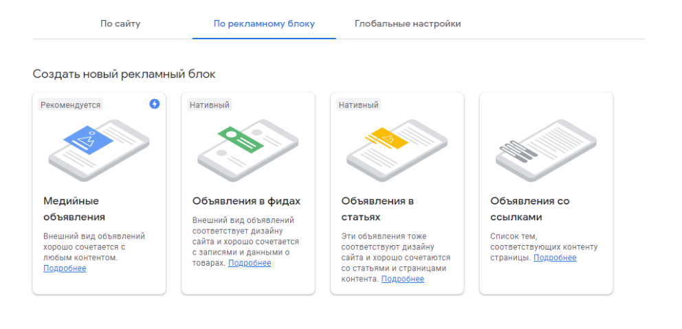 Разные виды рекламных объявлений, которые предлагает создать «Гугл⁠-⁠адсенс»