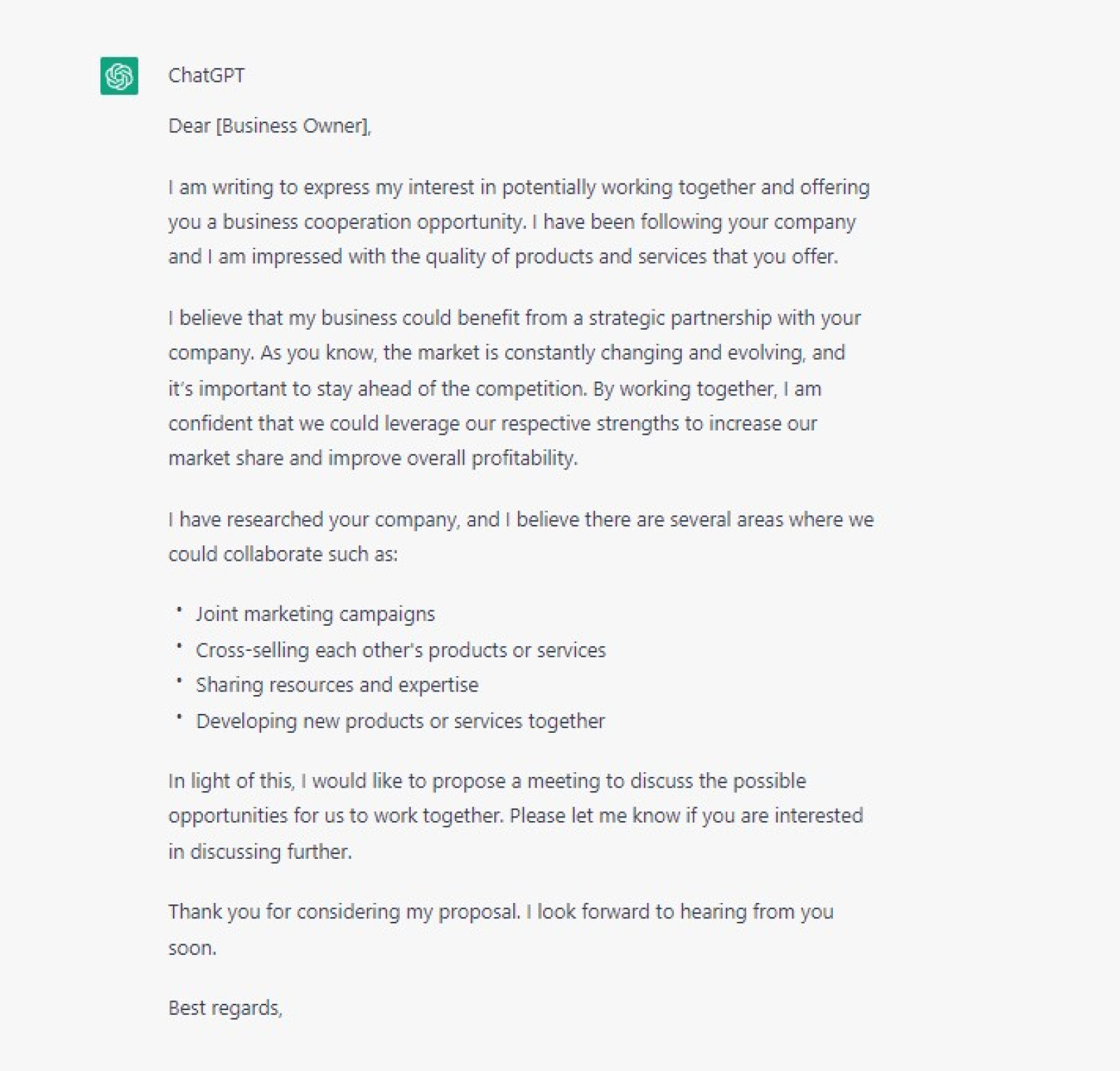Письмо о деловом сотрудничестве, которое написала нейросеть. ChatGPT даже заботливо оставила пропуски для имен