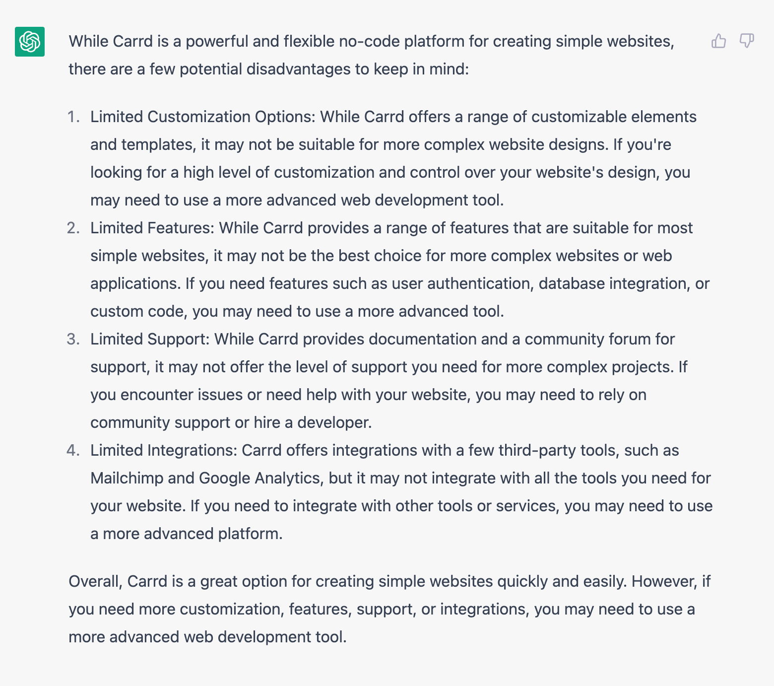 Недостатки Carrd по мнению нейросети. Здесь перечислены в основном общие факты и нет инсайтов и секретов