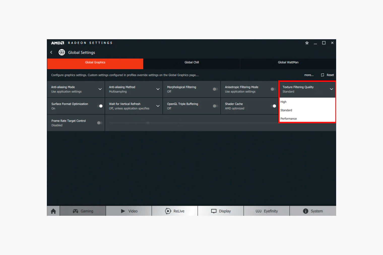 Настройки графики у AMD ищите в Global Graphics. Источник: amd.com
