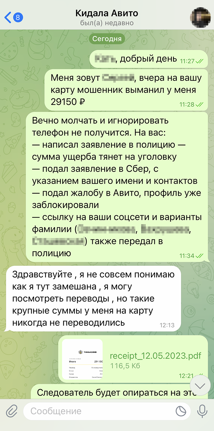 Только когда я прислал фото заявления в полицию, мошенница вышла на связь. Выгораживала себя как могла, говорила, что не в курсе ситуации, но в итоге вернула всю сумму