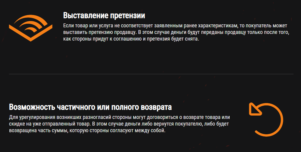 Если товар покупателю не подошел, он может выставить претензию. Гарант отправит деньги продавцу только после разрешения конфликта