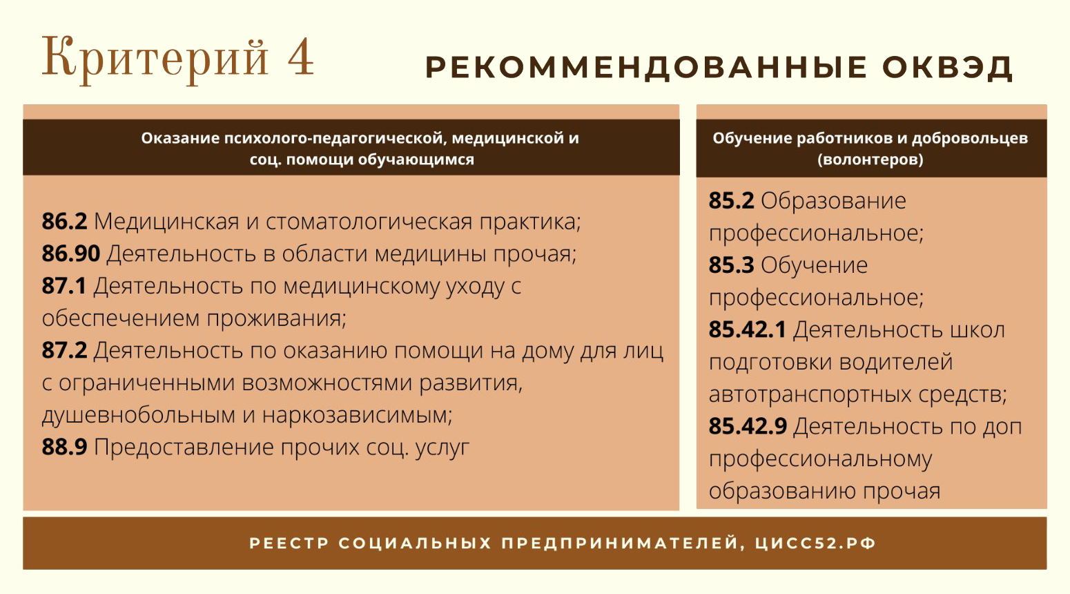 Это рекомендованные коды ОКВЭД для организаций и ИП, которые решают социальные проблемы. Источник: cissno52.ru