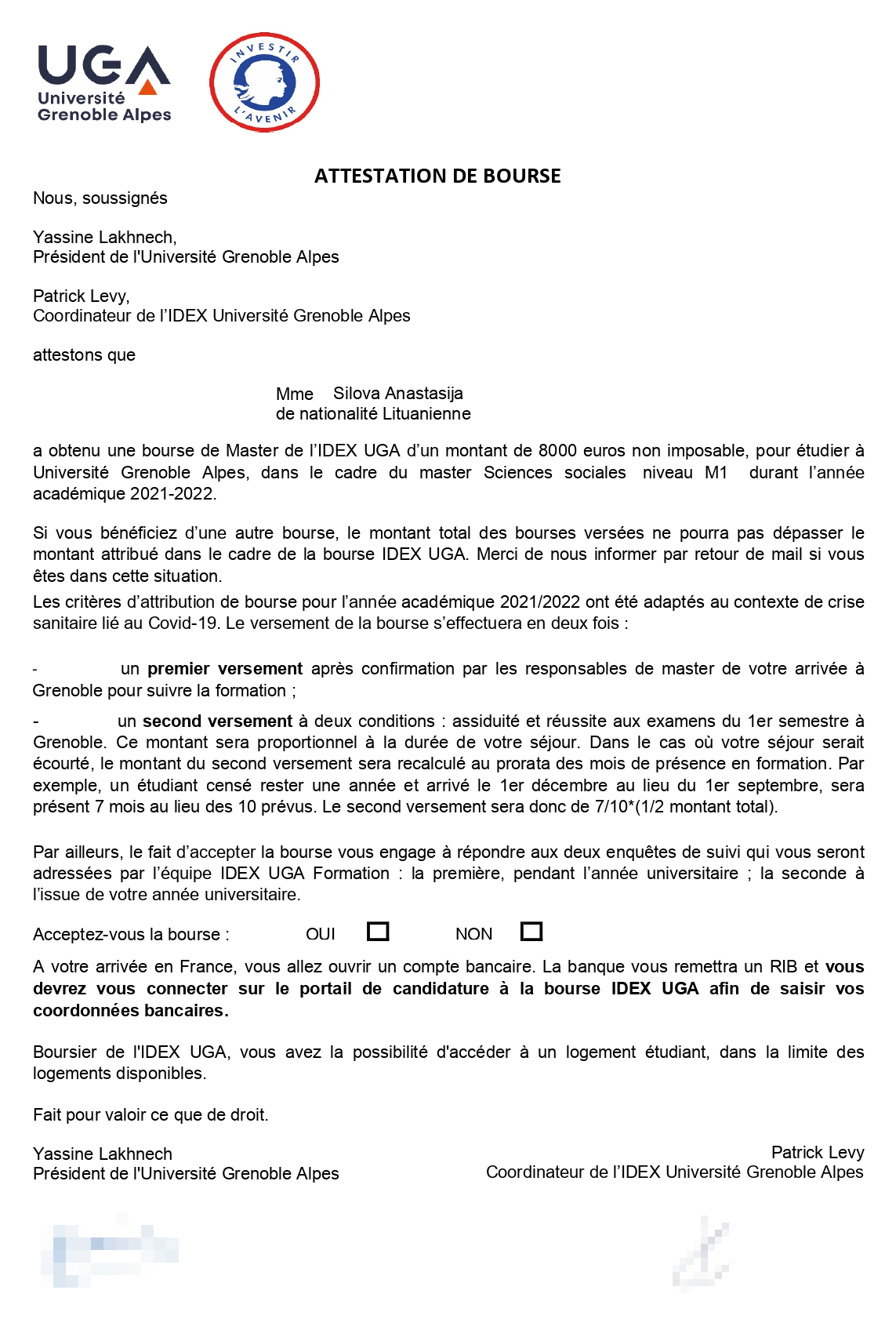 Письмо, подтверждающие получение стипендии IDEX на 8000 € — деньги перечисляют на карту, студент тратит их по своему усмотрению