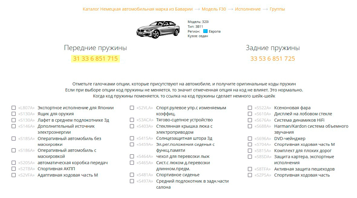 Серийные номера пружин в базовой комплектации БМВ 320i