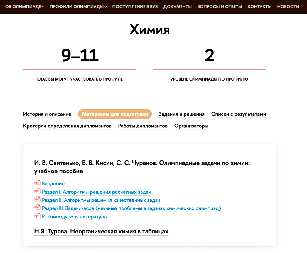 Список рекомендуемых пособий для подготовки к олимпиаде «Высшая проба» по химии