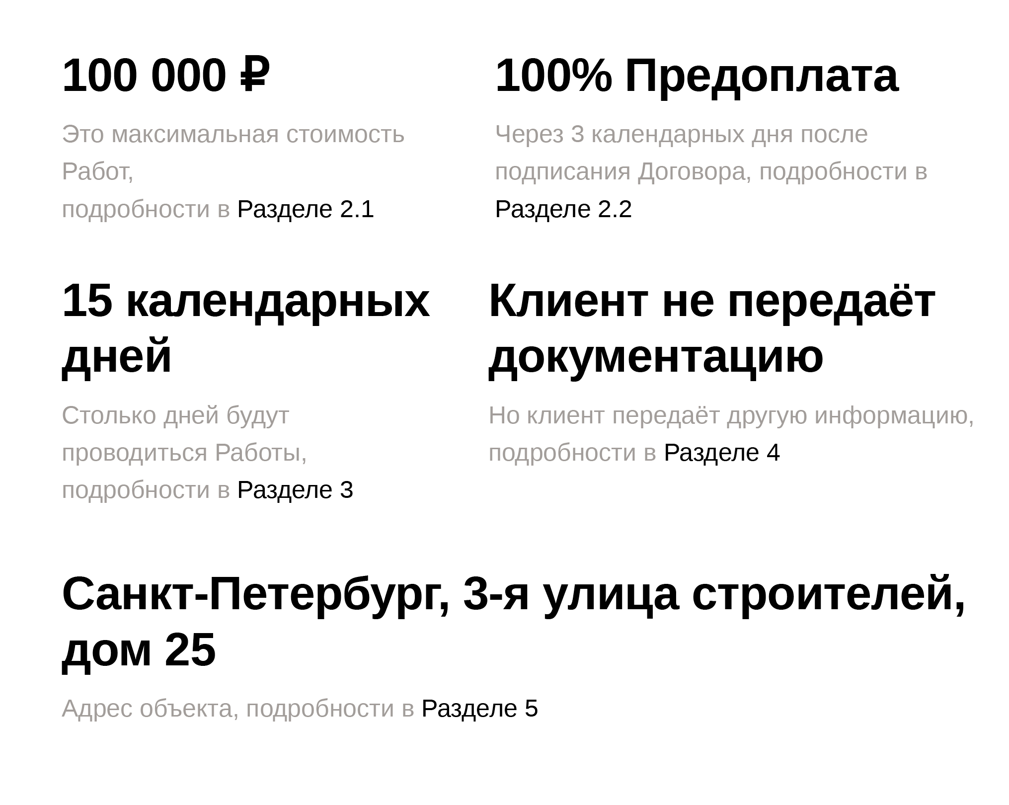 Это договор строительного подряда, но такой титульный лист подходит почти для любого российского договора. Указан срок, сумма контракта, предоплата, адрес объекта. В строительных подрядах часто заказчик должен передать документацию, на основании которой подрядчик будет работать. Это принципиальный пункт для стройки, поэтому здесь мы вынесли на главную, что обходимся без передачи документов