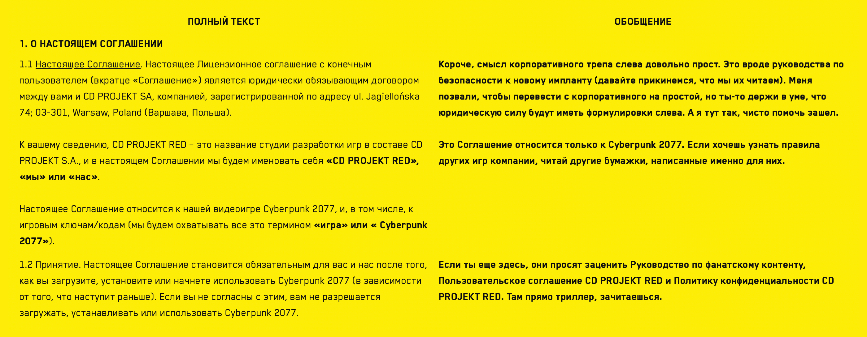 В обобщении справа потерялись некоторые обязанности, права и важные нюансы. Текст справа не имеет юридической силы — в суд с ним не пойдешь. Источник: cyberpunk.net